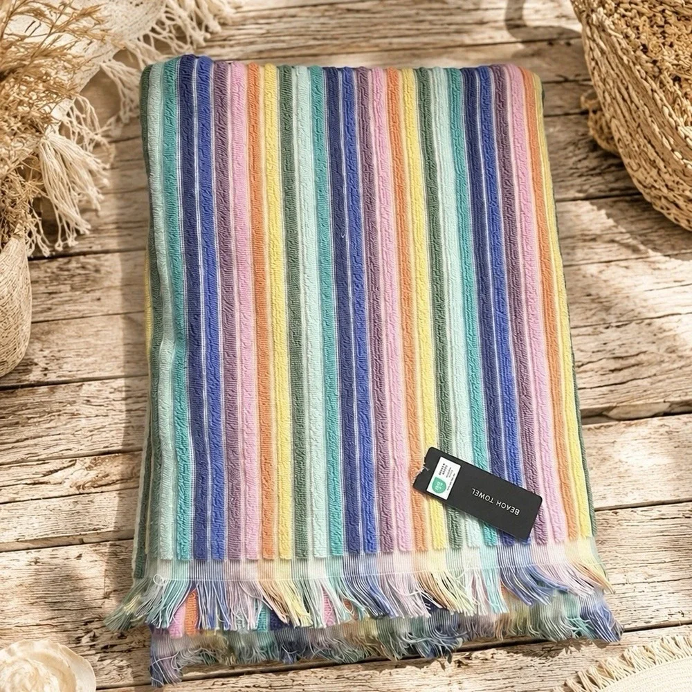 Rachel Zoe Viral Rainbow Stripe Beach Towel w/Fringe 100% COTTON NWT Retro Boho